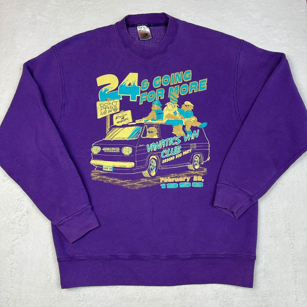 Vintage 1998 Fruit of the Loom Vanatics Van Club Purple Sweatshirt Mens L USA